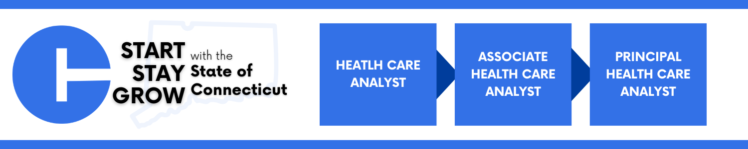 Career progression with the State of Connecticut: starting with Health Care Analyst, then Associate Health Care Analyst, and ending with Principal Health Care Analyst.