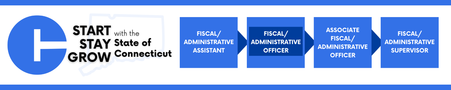 Career progression pathway within the State of Connecticut: starting with Fiscal/Administrative Assistant, advancing to Fiscal/Administrative Officer (this box is highlighted), then Associate Fiscal/Administrative Officer and ending on Fiscal/Administrative Supervisor. 