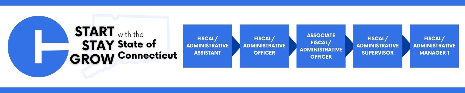 Career progression within the State of Connecticut: starting with Fiscal/Administrative Assistant, advancing to Fiscal/Administrative Officer, then Associate Fiscal/Administrative Officer, then Fiscal/Administrative Supervisor, and ending at Fiscal/Administrative Manager 1.