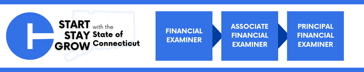 This pathway illustrates professional growth within the State of Connecticut’s financial examination roles. Employees begin as Financial Examiners, advance to Associate Financial Examiners, and can progress to Principal Financial Examiners — reflecting increasing responsibility, expertise, and leadership in overseeing financial institutions and regulatory compliance.
