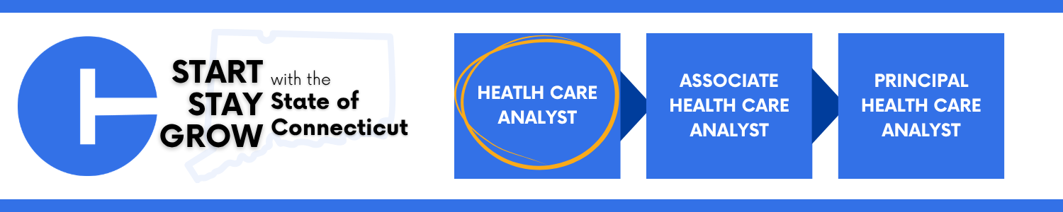 Career progression within the State of Connecticut: starting with Health Care Analyst (outlined to showcase the current opening), advancing to Associate Health Care Analyst, and ending at Principal Health Care Analyst.
