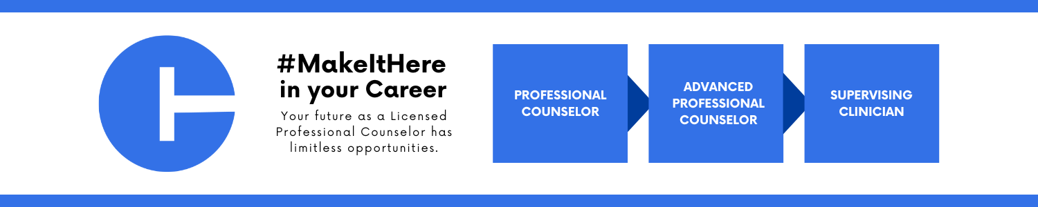 Career progression pathway within the State of Connecticut: starting with licensed professional counselor, showing advancement to an advanced professional counselor and ending on supervising clinician.