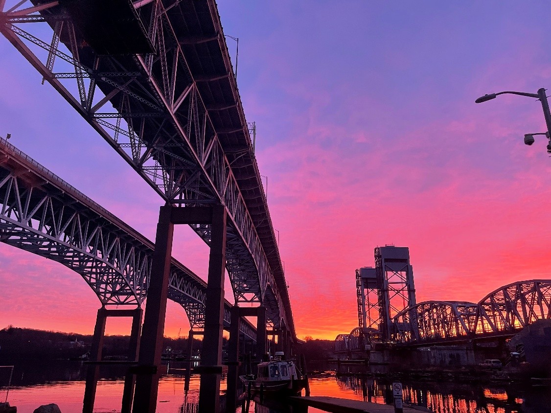 This image shows a sunrise at Gold Star Bridge.