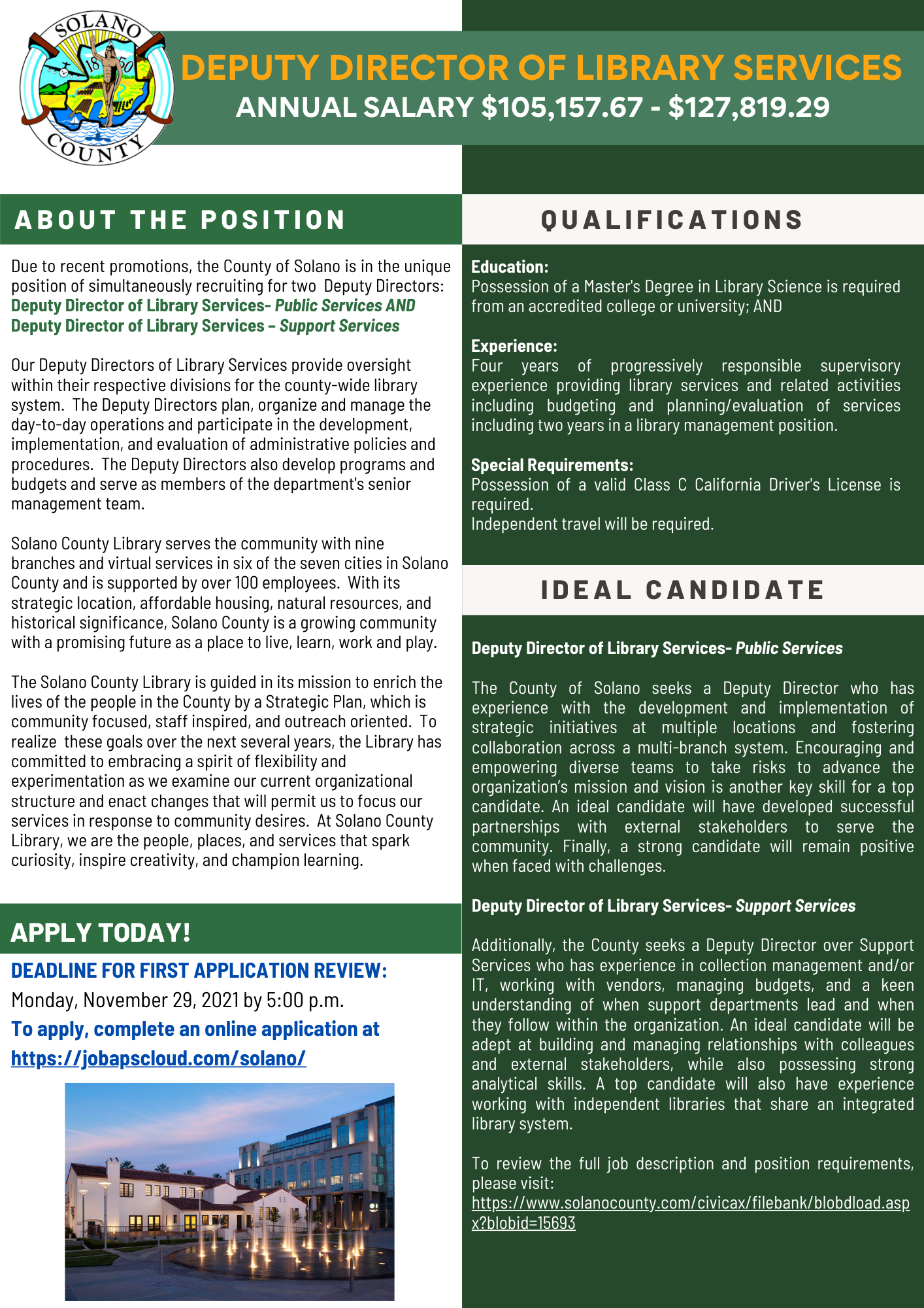 Job Announcement: Deputy Director of Library Services - County of Solano