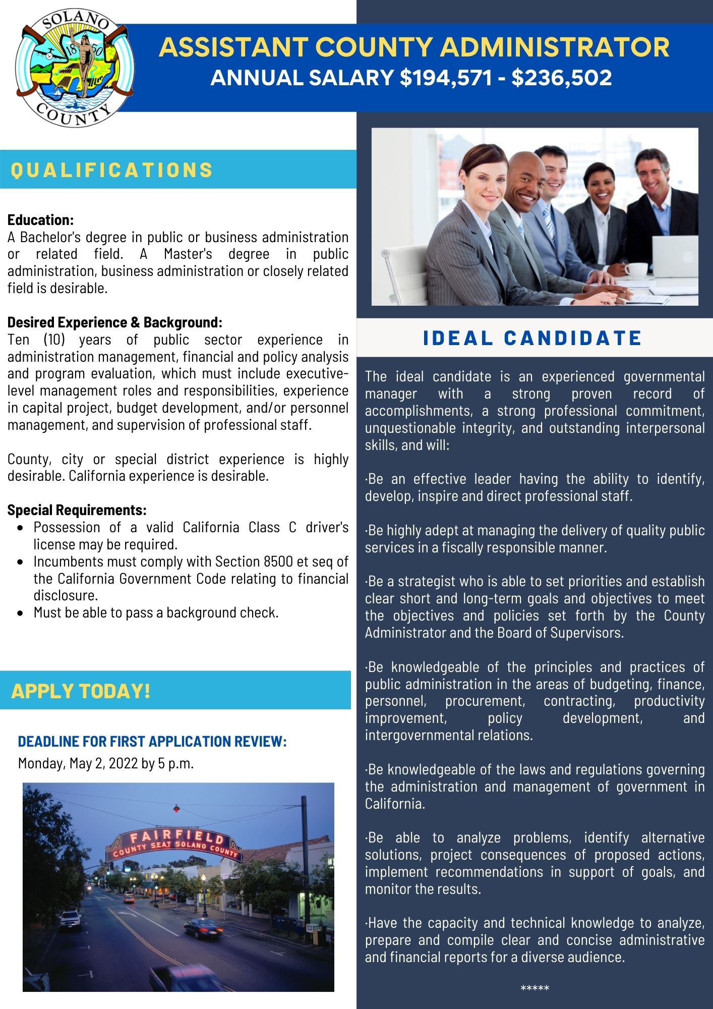 Job Announcement: Assistant County Administrator - County of Solano