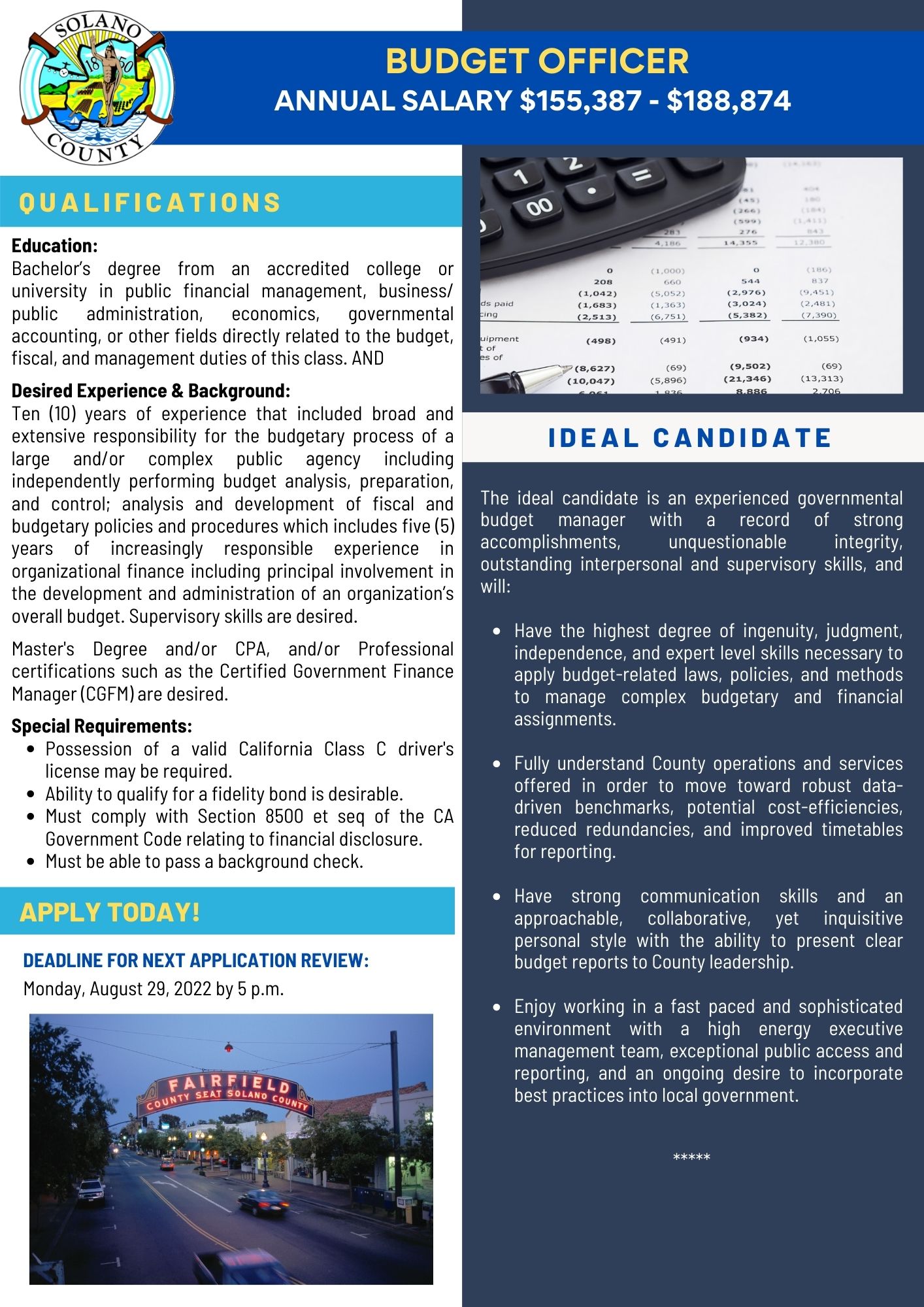 Job Announcement: Budget Officer - County of Solano