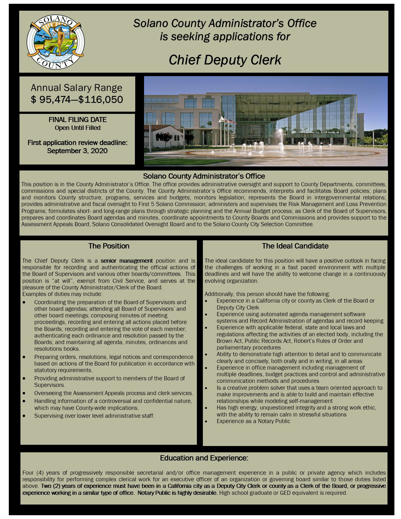 Job Announcement: Chief Deputy Clerk - County of Solano
