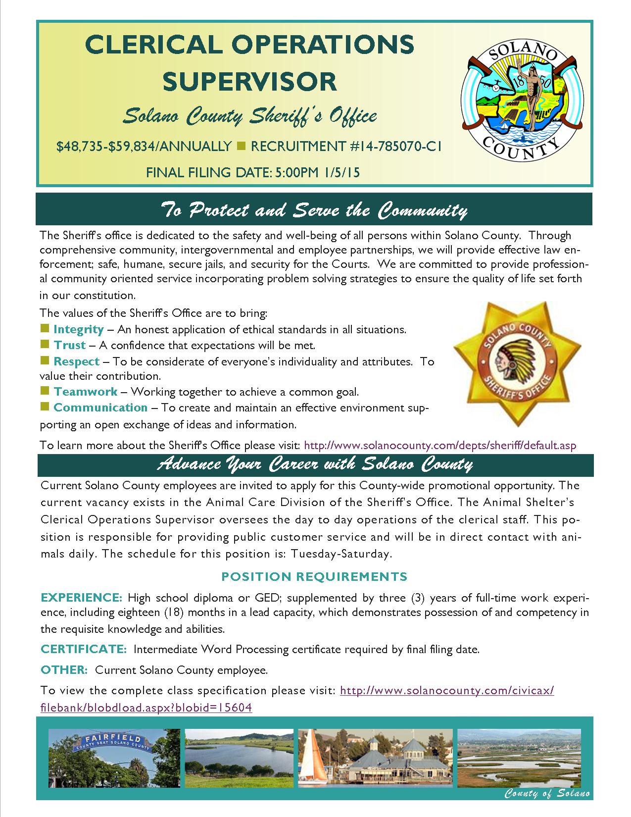 County of Solano Job Announcement Clerical Operations Supervisor