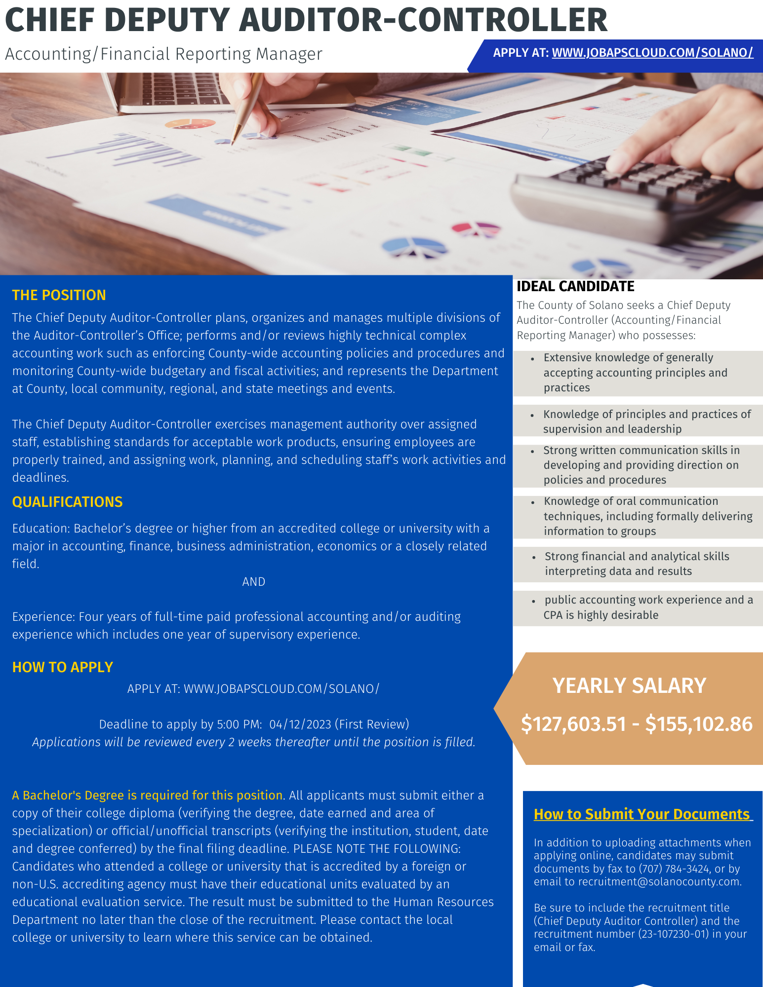 Job Announcement: Chief Deputy Auditor-Controller - County of Solano