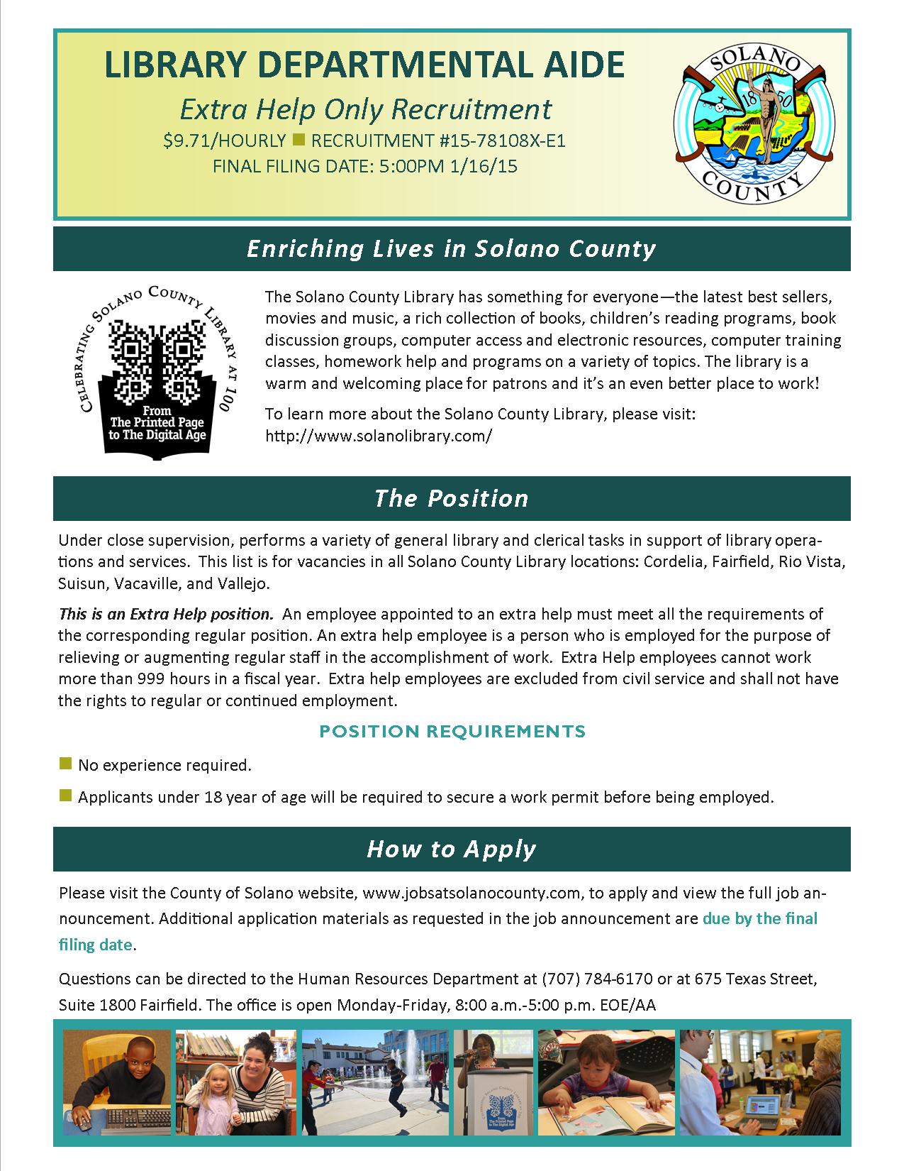 County of Solano Job Announcement Library Departmental Aide (Extra Help)