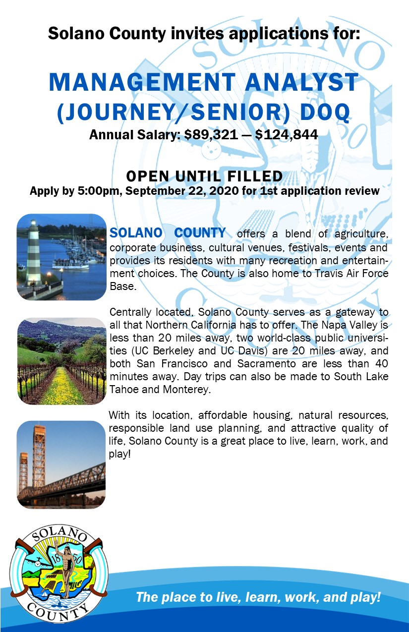 Job Announcement: Management Analyst (Journey/Senior) DOQ - County of Solano