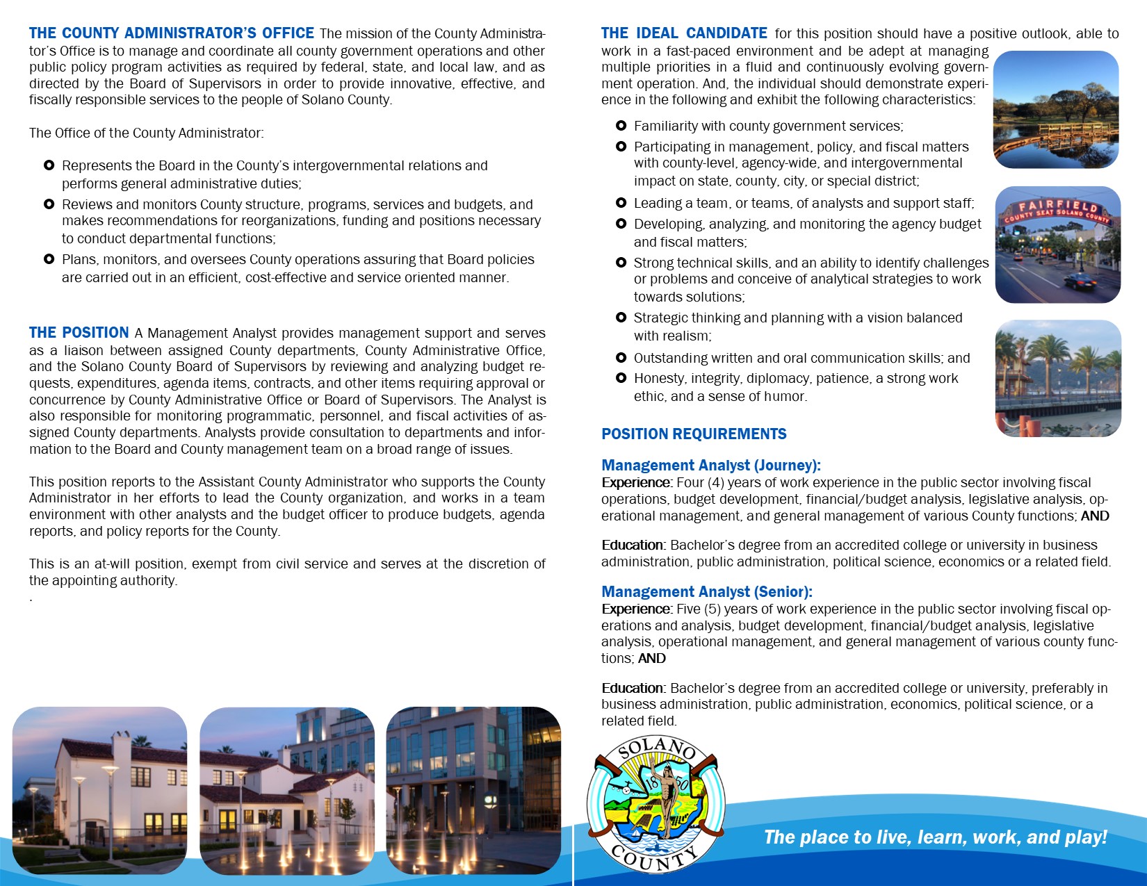 Job Announcement: Management Analyst (Journey/Senior) DOQ - County of Solano