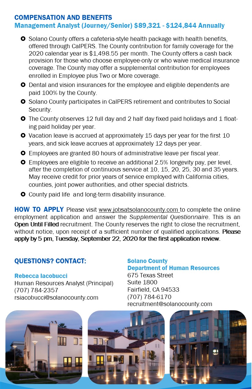 Job Announcement: Management Analyst (Journey/Senior) DOQ - County of Solano